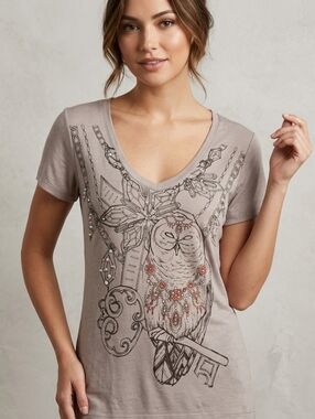 KEY CLOSET Owl Crystal Embellished Womens Vneck Tee In Gray